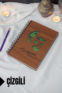 Kemal Atatürk Temalı Ahşap Kapaklı Defter - Çizgili Defter - Ajanda - Okul Defteri (A5 - 120 Sayfa)