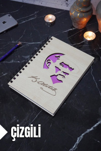 Kemal Atatürk Temalı Ahşap Kapaklı Defter - Çizgili Defter - Ajanda - Okul Defteri (A5 - 120 Sayfa)