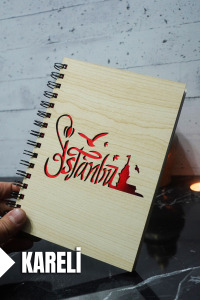 İstanbul Temalı Ahşap Kapaklı Defter - Kareli Defter - Ajanda - Okul Defteri (A5 - 120 Sayfa)