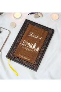 Kişiye Özel İstanbul Desenli Termo Deri + Ahşap Anı Defteri - Çizgili Defter - Hediyelik (15x21 cm - 320 Sayfa) A5