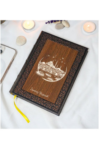 Kişiye Özel İstanbul Desenli Termo Deri + Ahşap Anı Defteri - Çizgili Defter - Hediyelik (15x21 cm - 320 Sayfa) A5