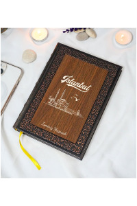 Kişiye Özel İstanbul Desenli Termo Deri + Ahşap Anı Defteri - Çizgili Defter - Hediyelik (15x21 cm - 320 Sayfa) A5