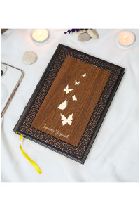 Kişiye Özel Kelebek Desenli Termo Deri + Ahşap Anı Defteri - Çizgili Defter - Hediyelik (15x21 cm - 320 Sayfa) A5