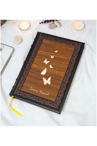 Kelebek Desenli Termo Deri + Ahşap Anı Defteri - Çizgili Defter - Hediyelik (17x24 cm- 320 Sayfa)