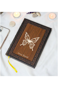 Kişiye Özel Kelebek Desenli Termo Deri + Ahşap Anı Defteri - Çizgili Defter - Hediyelik (15x21 cm - 320 Sayfa) A5