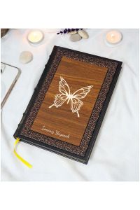 Kelebek Desenli Termo Deri + Ahşap Anı Defteri - Çizgili Defter - Hediyelik (17x24 cm- 320 Sayfa)