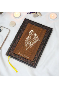Kişiye Özel Kurt Desenli Termo Deri + Ahşap Anı Defteri - Çizgili Defter - Hediyelik (15x21 cm - 320 Sayfa) A5