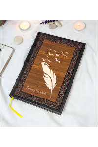 Kuş Tüy Desenli Termo Deri + Ahşap Anı Defteri - Çizgili Defter - Hediyelik (17x24 cm- 320 Sayfa)