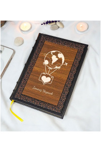 Uçan Balon Desenli Termo Deri + Ahşap Anı Defteri - Çizgili Defter - Hediyelik (17x24 cm- 320 Sayfa)